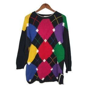 Vintage Be Bright Colorful Diamond Long Line Grandma Knit Sweater Sz Large
